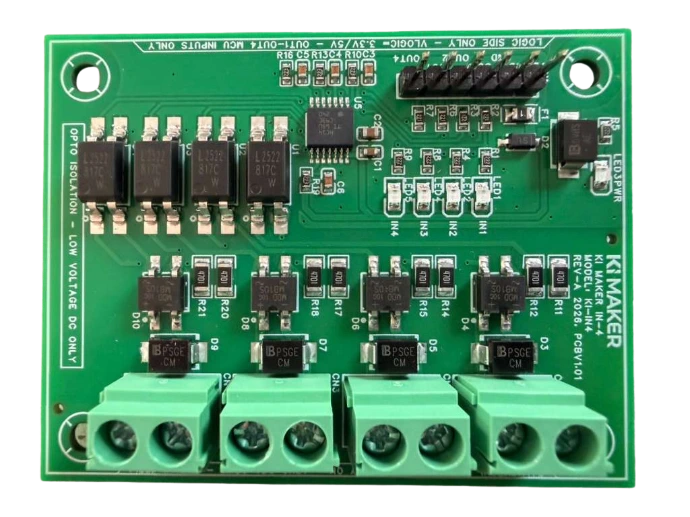 KI Maker IN-4 Rev-A, top view. Logic header H1 on the left, field terminals CN1–CN4 on the right.