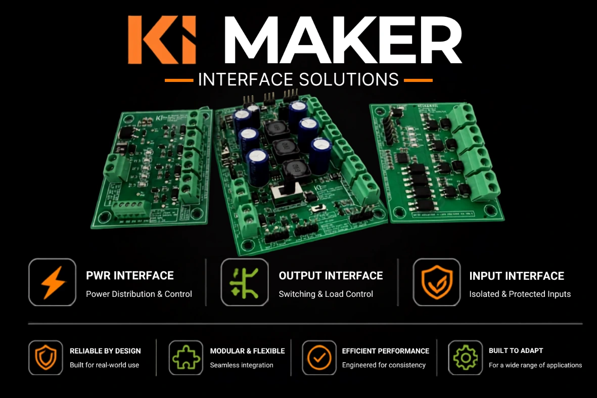 KI Maker interface-board family featuring PWR INTF, OUT-4 and IN-4